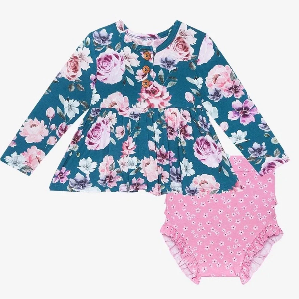 NWT Posh Peanut Keisha Long Sleeve Henley Peplum Top & Bloomer Set 12-18M
